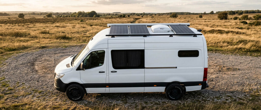 Weißer Kastenwagen mit Solarmodulen auf dem Dach auf einer Heidelandschaft